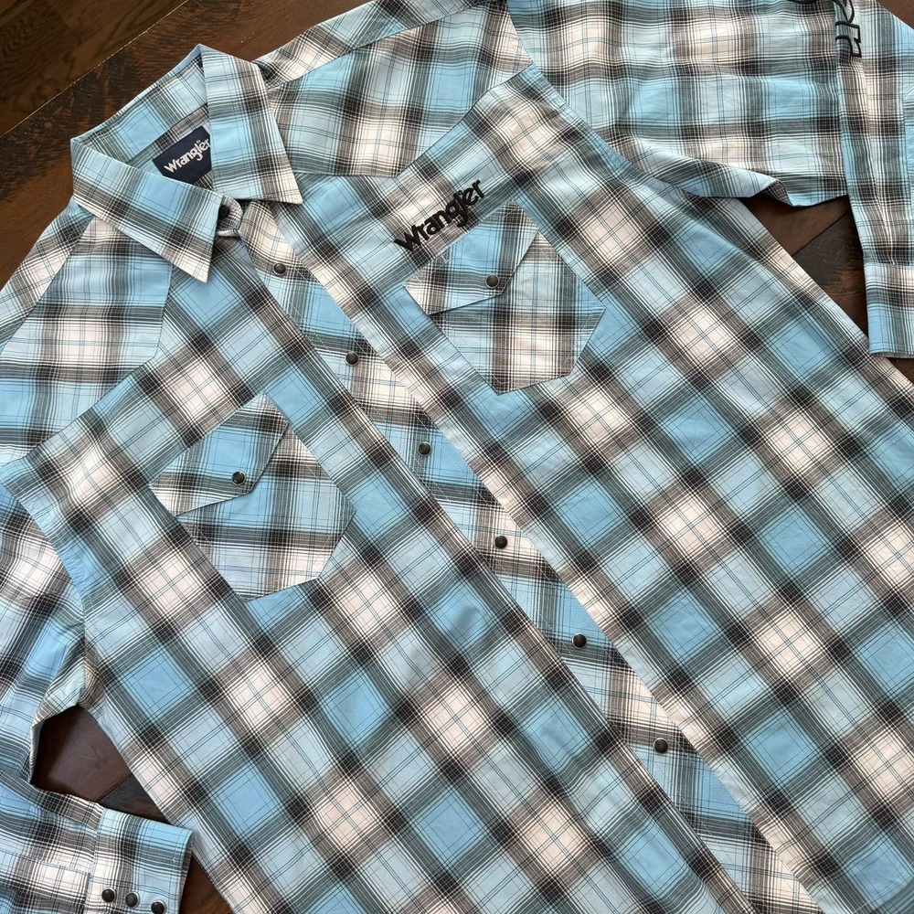 Wrangler Shirt Mens XL Blue Plaid Snap Front‎ Western Embroidered Long Sleeve